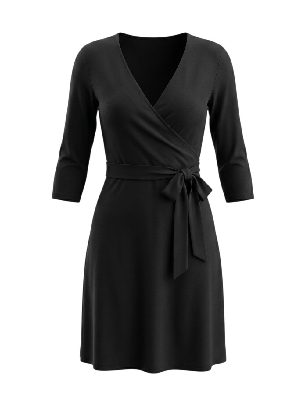 Apt. 9 Classic Black Wrap Dress Tie Waist V- Neckline 3/4 Sleeve Fit N Flare
